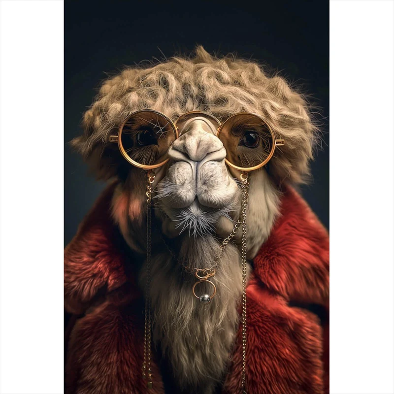 Leinwandbild Stylisches Kamel mit Brille und rotem Mantel Hochformat