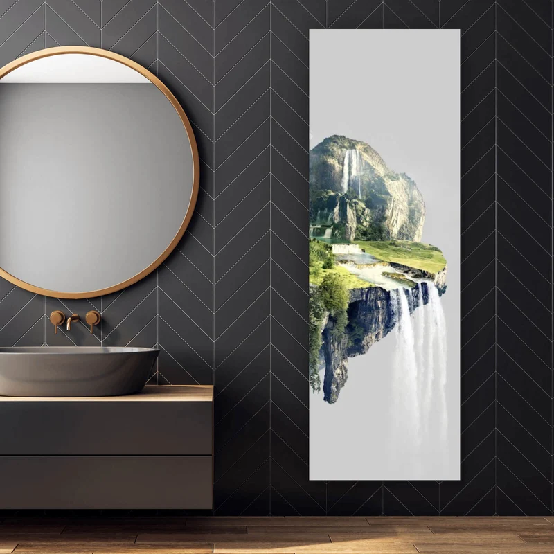 Poster Schwebende Insel mit Wasserfällen und Bergen Panorama Hoch