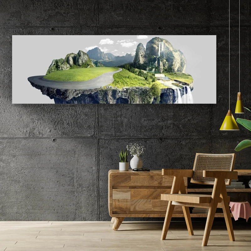 Acrylglasbild Schwebende Insel mit Wasserfällen und Bergen Panorama