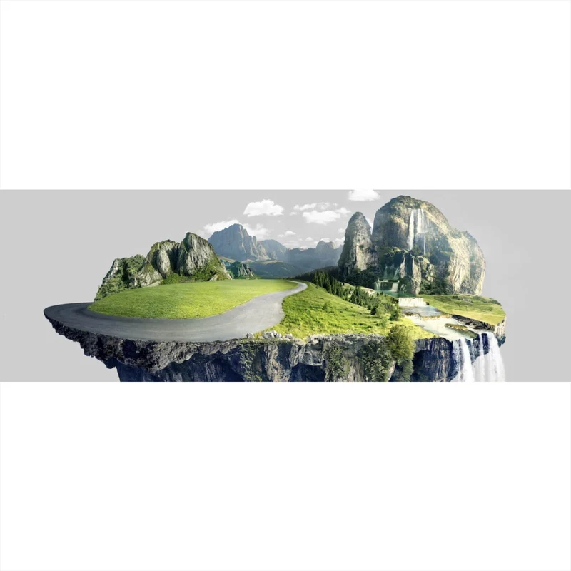Acrylglasbild Schwebende Insel mit Wasserfällen und Bergen Panorama