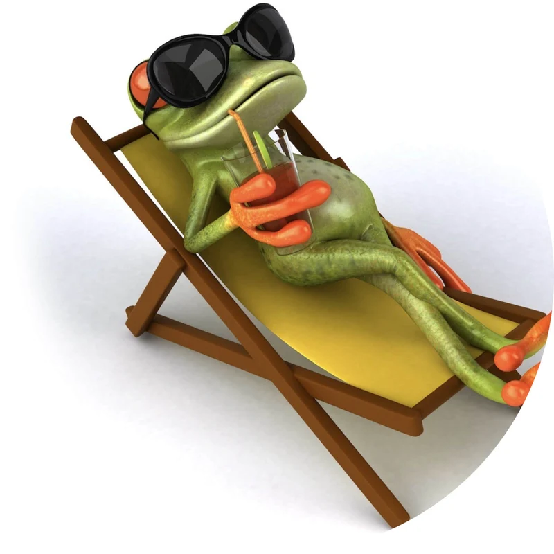 Aluminiumbild gebürstet Frosch entspannt auf Liegestuhl mit Getränk Kreis