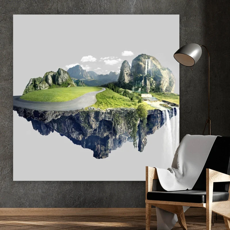 Aluminiumbild Schwebende Insel mit Wasserfällen und Bergen Quadrat