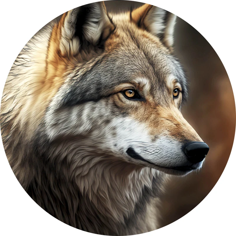 Aluminiumbild gebürstet Portrait eines ausdrucksstarken Wolfes Kreis
