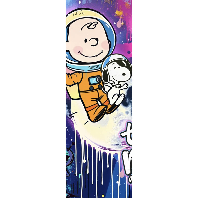 Aluminiumbild Charlie und Snoopy im Weltall Pop Art Panorama Hoch