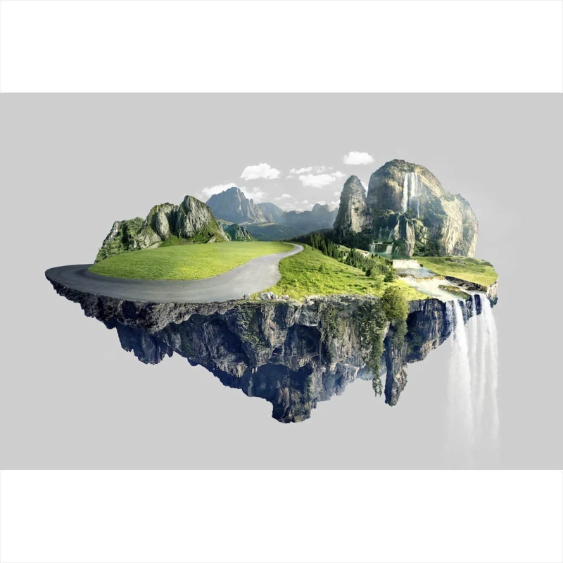 Aluminiumbild gebürstet Schwebende Insel mit Wasserfällen und Bergen Querformat