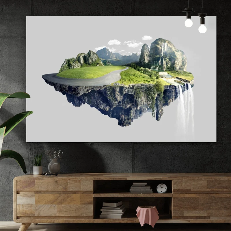 Leinwandbild Schwebende Insel mit Wasserfällen und Bergen Querformat