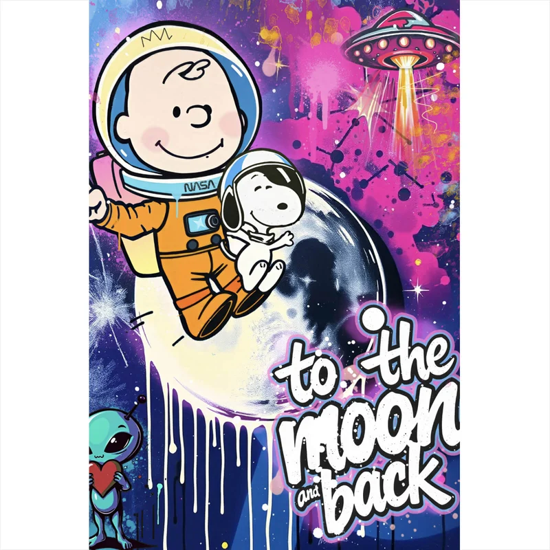 Aluminiumbild Charlie und Snoopy im Weltall Pop Art Hochformat