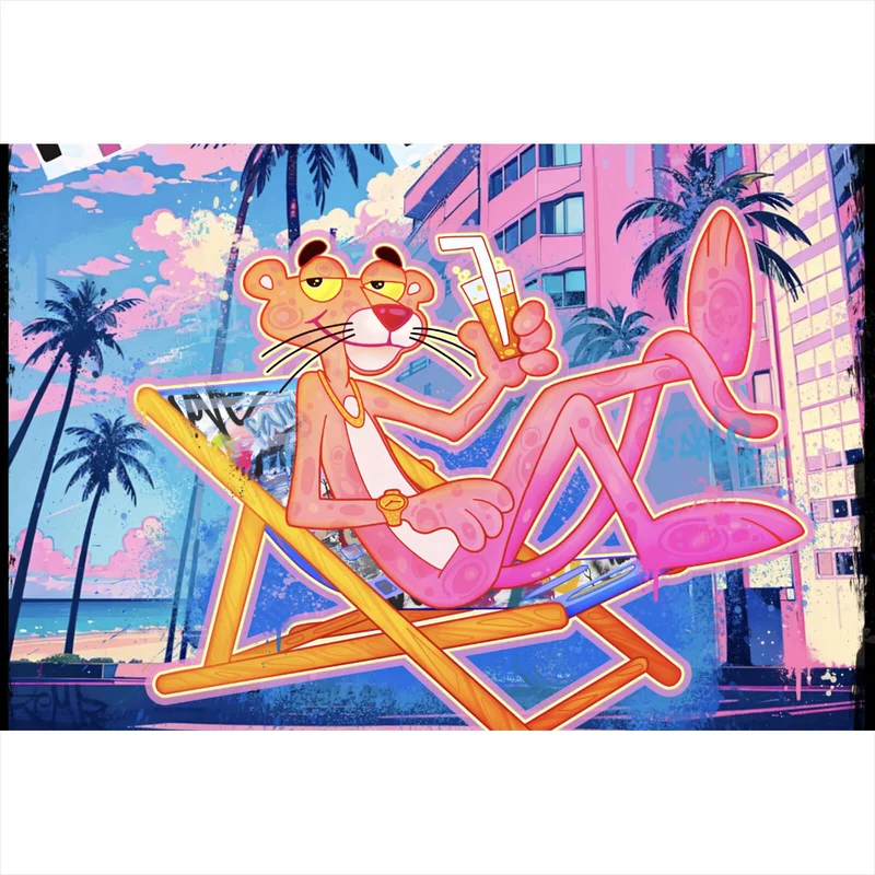 Aluminiumbild Panther in tropischem Strandflair Pop Art Querformat