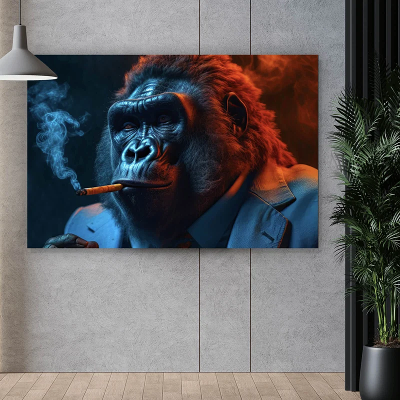 Spannrahmenbild Eindrucksvoller Gorilla mit Zigarre Querformat
