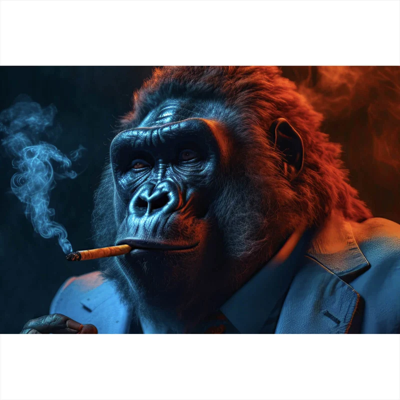 Aluminiumbild gebürstet Eindrucksvoller Gorilla mit Zigarre Querformat