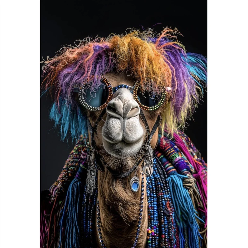 Spannrahmenbild Buntes Kamel mit Brille Hochformat