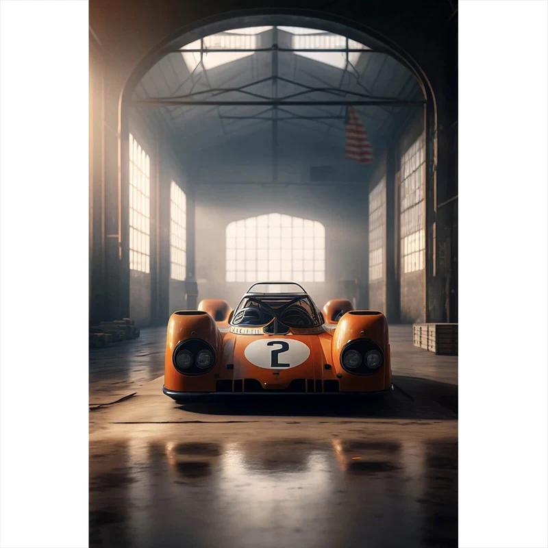 Spannrahmenbild Klassischer Rennwagen in verlassener Halle Hochformat
