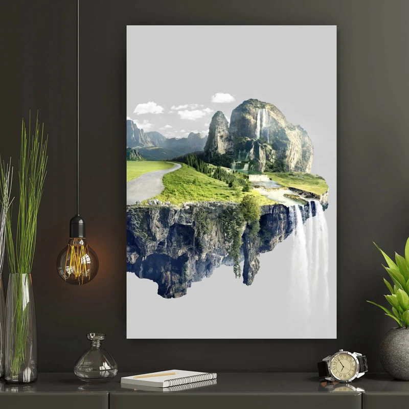 Poster Schwebende Insel mit Wasserfällen und Bergen Hochformat