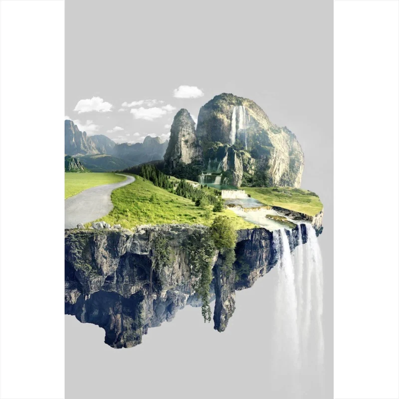 Poster Schwebende Insel mit Wasserfällen und Bergen Hochformat