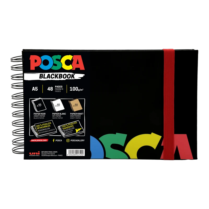 Sketchbook Posca, nero, A5, mix di 3 colori di carta