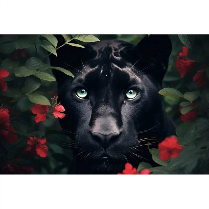 Aluminiumbild gebürstet Schwarzer Panther hinter roten Blüten Querformat