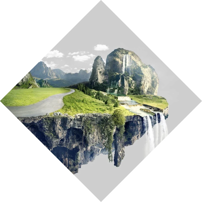 Leinwandbild Schwebende Insel mit Wasserfällen und Bergen Raute