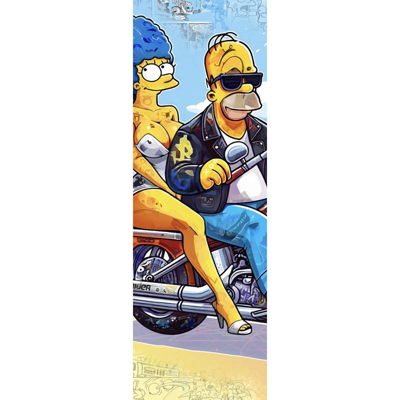 Aluminiumbild gebürstet Cartoon Paar auf Motorrad farbenfrohe Illustration Panorama Hoch