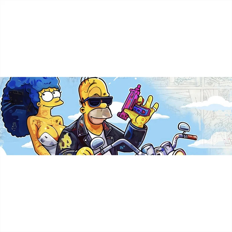 Leinwandbild Cartoon Paar auf Motorrad farbenfrohe Illustration Panorama
