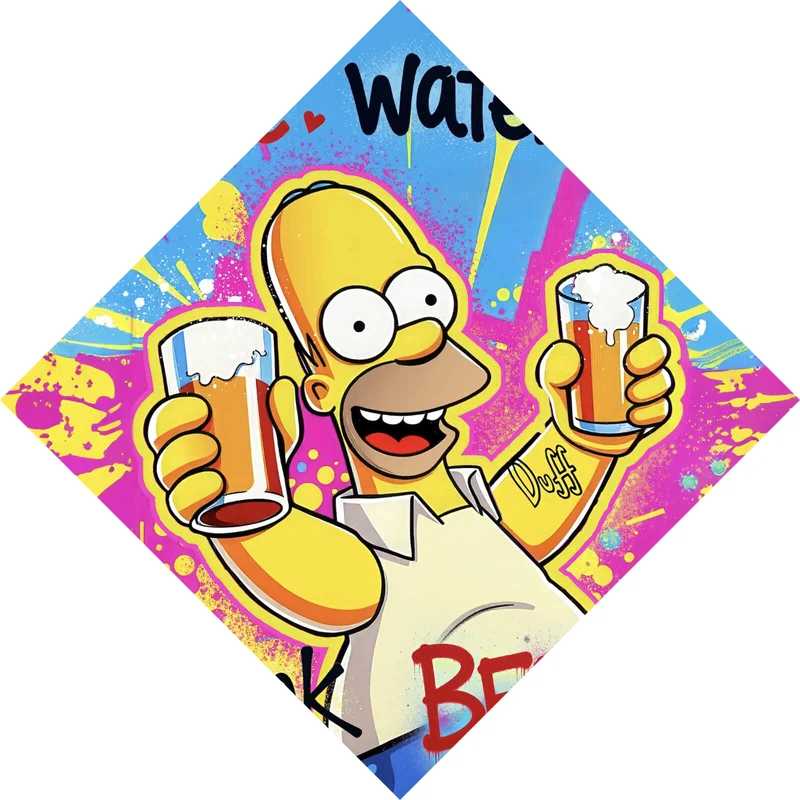 Acrylglasbild Gelbe Comicfigur mit Spruch Save Water Drink Beer No 2 Raute