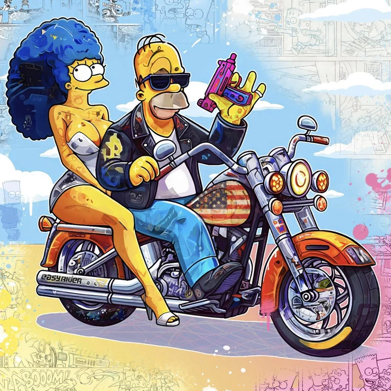 Aluminiumbild gebürstet Cartoon Paar auf Motorrad farbenfrohe Illustration Quadrat