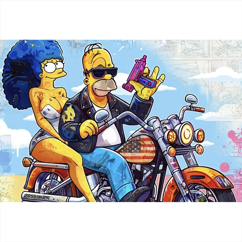 Acrylglasbild Cartoon Paar auf Motorrad farbenfrohe Illustration Querformat