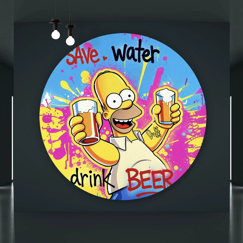 Aluminiumbild gebürstet Gelbe Comicfigur mit Spruch Save Water Drink Beer No 2 Kreis