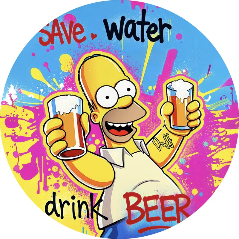 Aluminiumbild Gelbe Comicfigur mit Spruch Save Water Drink Beer No 2 Kreis