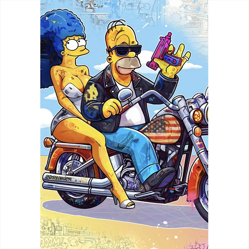 Poster Cartoon Paar auf Motorrad farbenfrohe Illustration Hochformat
