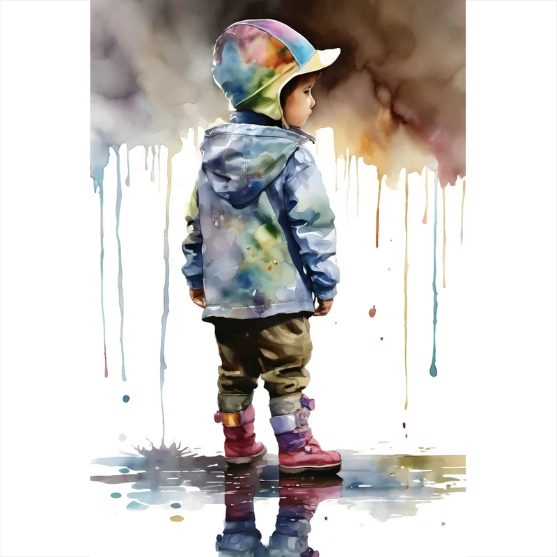 Leinwandbild Kind in einer Wasserpfütze Aquarell Hochformat