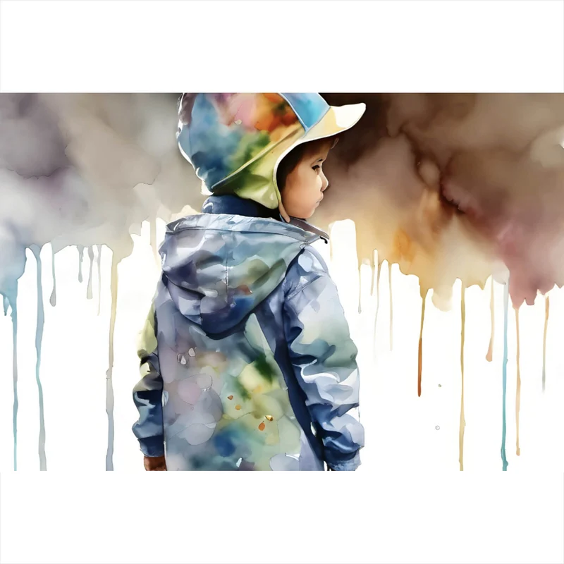 Leinwandbild Kind in einer Wasserpfütze Aquarell Querformat