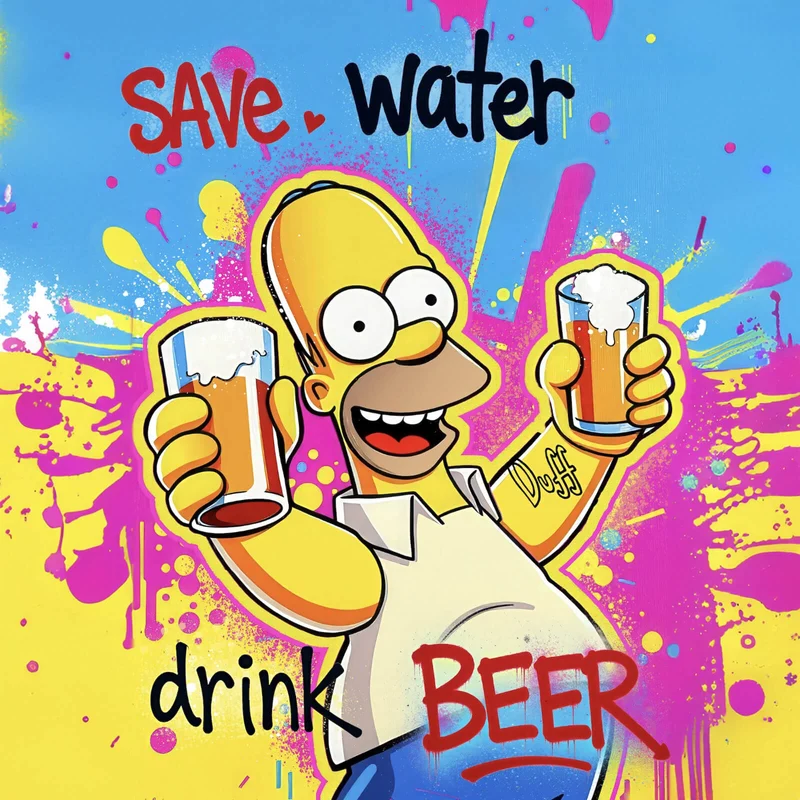 Spannrahmenbild Gelbe Comicfigur mit Spruch Save Water Drink Beer No 2 Quadrat