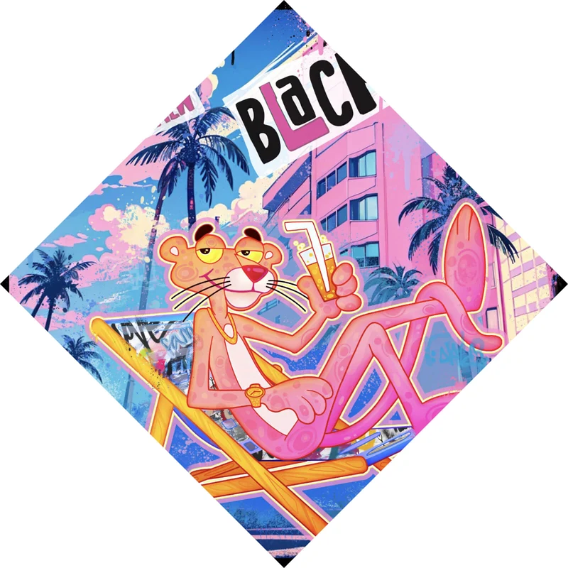 Aluminiumbild gebürstet Panther in tropischem Strandflair Pop Art Raute