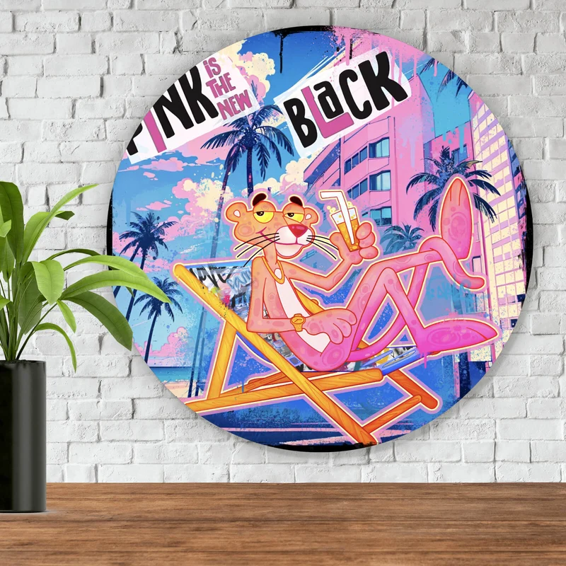 Aluminiumbild gebürstet Panther in tropischem Strandflair Pop Art Kreis