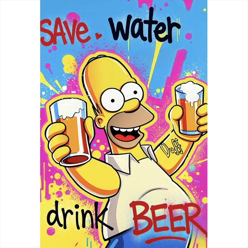 Acrylglasbild Gelbe Comicfigur mit Spruch Save Water Drink Beer No 2 Hochformat