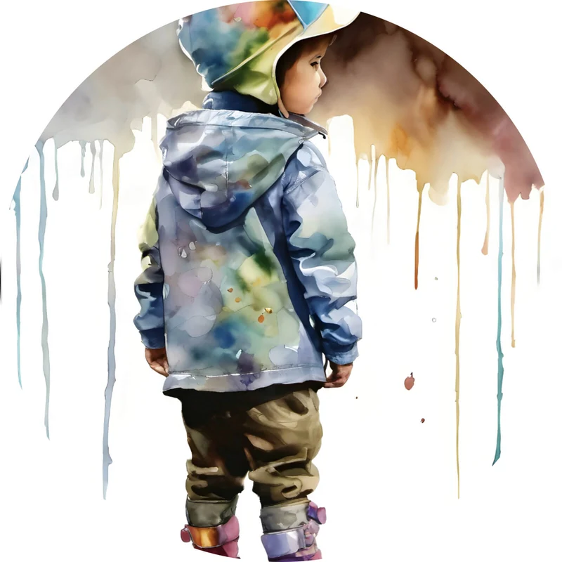 Aluminiumbild gebürstet Kind in einer Wasserpfütze Aquarell Kreis